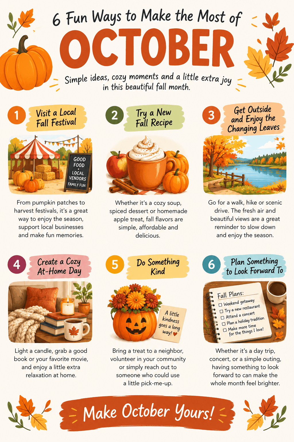 Infographic showing 6 fun October activities including fall festivals, recipes, outdoor walks, cozy home days, kindness, and planning ahead