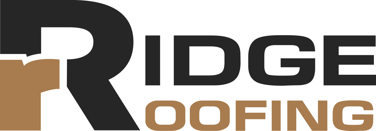 Ridge Roofing company logo with black and tan lettering